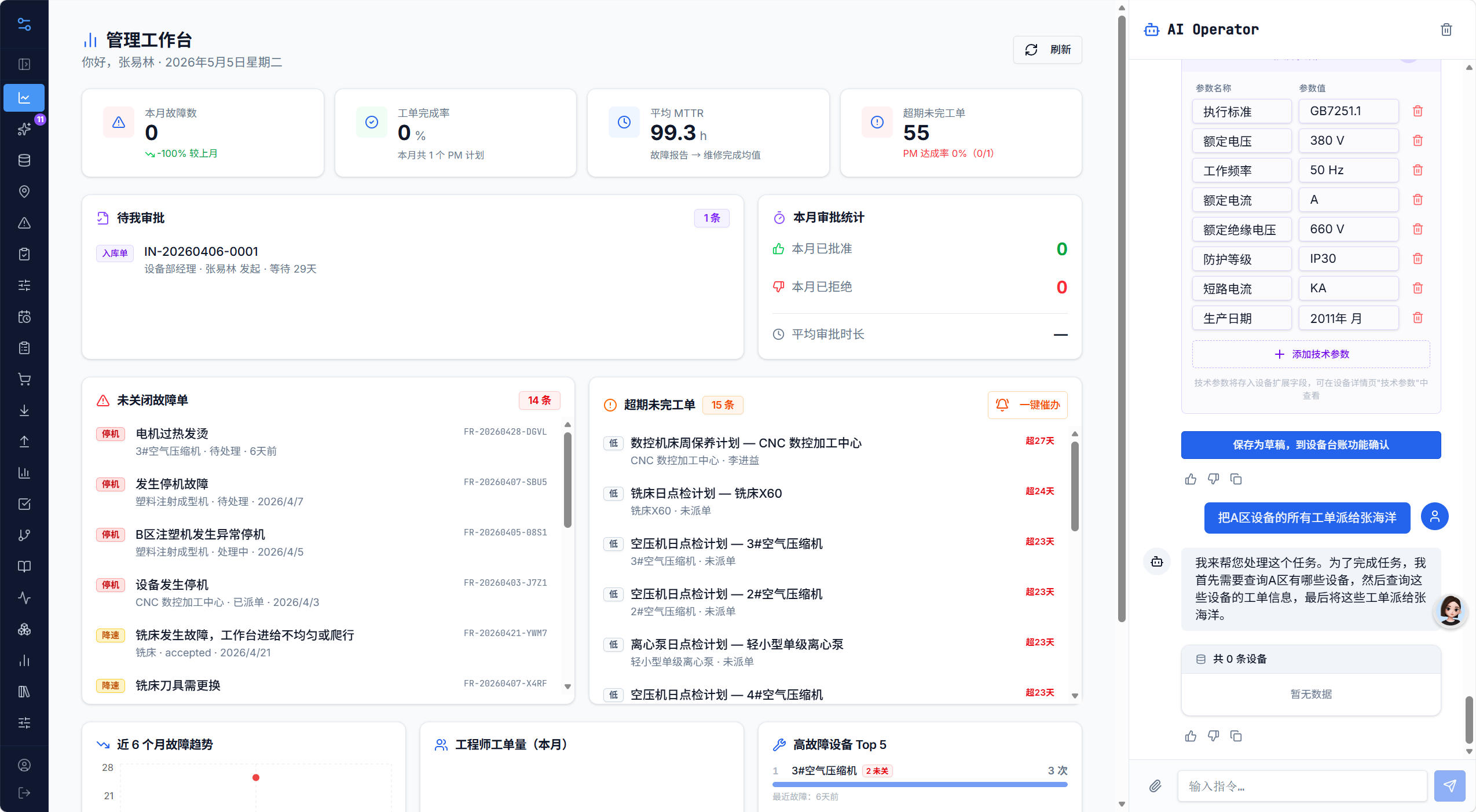 EAMX业财一体机 - 设备资产与财务数据一体化管理界面，展示实时成本看板和OEE、MTBF、维保ROI指标